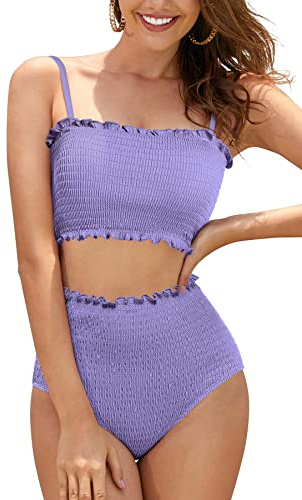 SHEKINI Conjunto de bikini para mujer con top bandeau texturizado, parte superior de bikini de cintura alta, falda de bikini con efecto arrugado, traje de baño de dos piezas, moda de playa, violeta