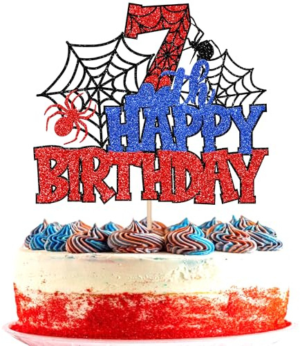 SYKYCTCY 1 Pack Spider Happy 7th Birthday Cake Topper Baby Shower Cake Picks for Spider Theme Spooky Party 7th Birthday Boys Girls Kids Party Supplies