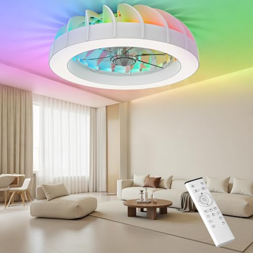Dslive Ceiling Fans with Lights, 46CM Smart Remote Control Fan Light, 6-Speed Quiet Reversible Motor, 7 Color RGB Mode & 3000K–6500K Dimmable White Light, for Bedroom Living Room