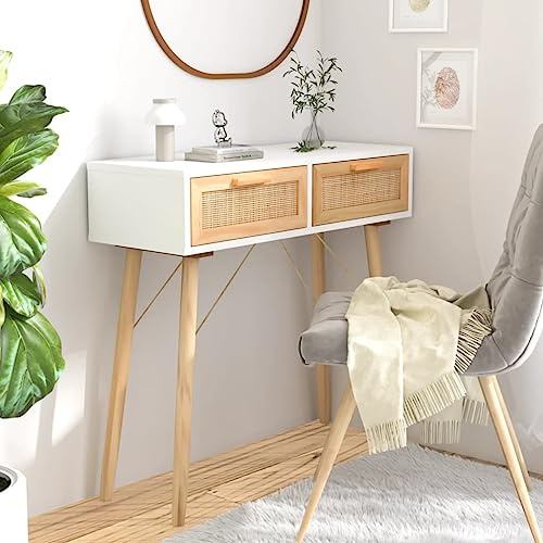 Yisssmeng Table console blanche 80 x 30 x 75 cm en pin massif en rotin naturel avec 2 tiroirs pour couloir, salon, chambre à coucher