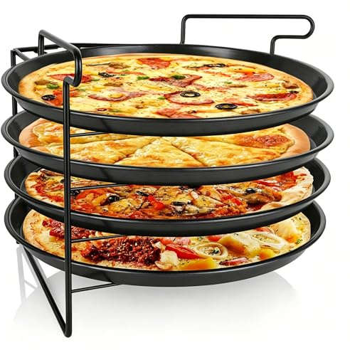 Pizza Tray Set with Rack 4 Pack, 11 Non-Stick Perforated Baking Pan | Stackable, Foldable Rack, Oven & Grill Safe, Dishwasher Safe, for Pizza, Bread, Cookies