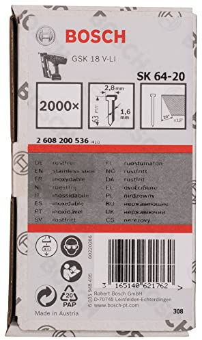 Bosch Professional 2000x Senkkopf-Stift SK64 20NR (für Holzleiste, Spanplatte, Gipsfaserplatten, 63 mm, Edelstahl, Zubehör für Nagelpistolen)