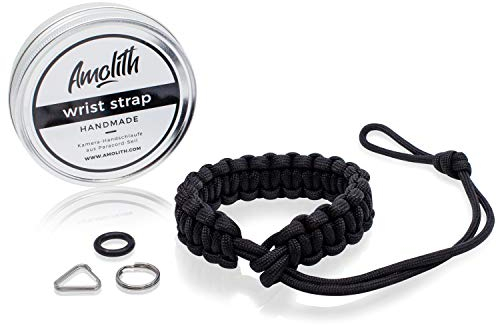 Amolith Kamera-Handschlaufe aus Paracord Farbe: Schwarz | Flechtmuster: Cobra | Handgelenkschlaufe Kameraschlaufe Kameraband Trageschlaufe | AML-8315