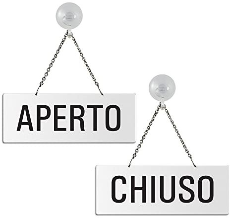 Cartello Aperto - Chiuso in melamina bianco | con catenella e ventosa | 175x65 mm | 31212-WS