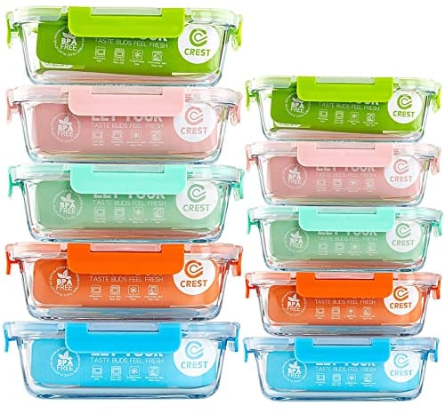 10 Pack Glass Food Storage Containers (A Set of Five Colors), Meal Prep Containers with Lids for Kitchen, Home Use, Airtight Glass Lunch Boxes