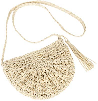 MaoXinTek Sac de Paille Eté Plage Glands Femme Sac à Bandoulière Rotin Vintage Bohemian Tissage Crossbody Demi-cercle Purse Pour Voyage Datation Beige