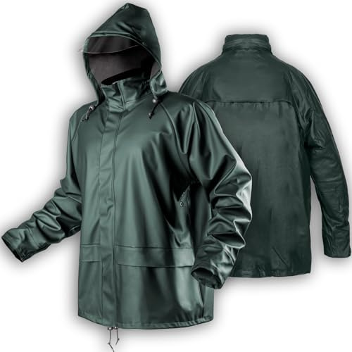 NEO TOOLS Herren Regenset, Regenmantel mit Kapuze und Regenhose, Gr. M-XXXL | Verklebte Nähte, Reißverschlüsse und Taschen vor Wasser geschützt, Ventilationsöffnungen, 100% Polyester 170 g/m2
