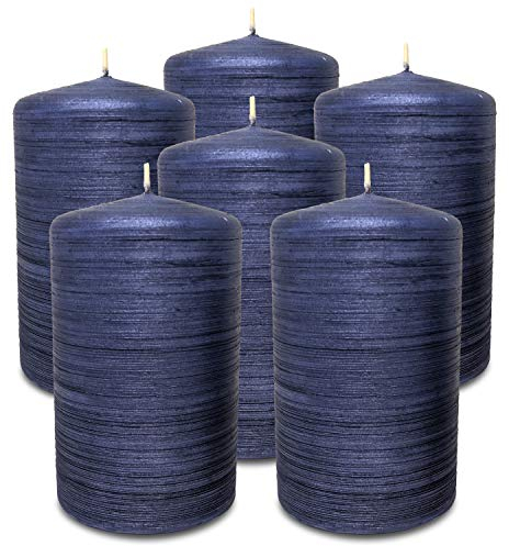 Hyoola Gebürstetes Metallic Stumpenkerzen - Kerzen Blau 6er-Pack - Stumpenkerzen Mitternachtsblau - Dekorative Stumpenkerzen Groß Hergestellt in EU - Kerzen Lange Brenndauer - 6 cm x 10 cm