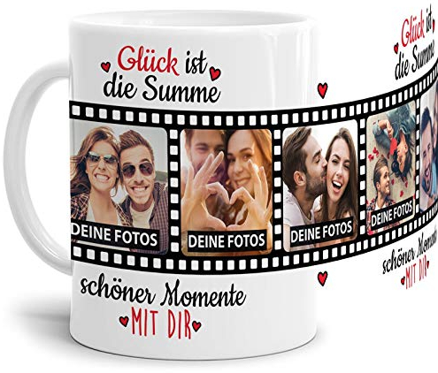 Tasse mit Spruch - Schöne Momente mit Dir - Fotocollage zum selbst Gestalten mit 5 eigenen Fotos - Weiß, 300 ml