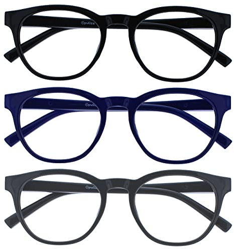 OPULIZE Blu Reading Glasses with Blue Light Blocking 3 Pack Cool Round Frame Spring Hinges Improve Sleep Computer Gaming Anti-Reflective Black Blue Grey Mens Womens BBB5-137 +1.50