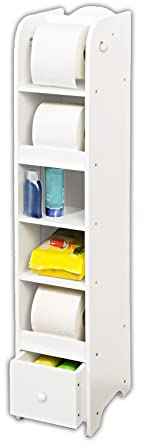 WC Rollen Papier Regal Holz Mit Schublade Weiß Klopapierhalter Toilettenregal Mit 4 Ablagen WC Toilette Schrank Badregal Freistehend