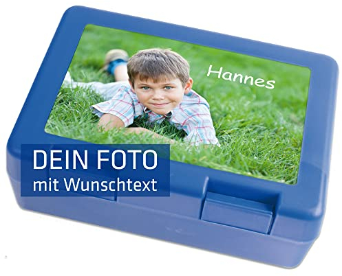 INDIGOS UG - Brotzeitbox blau - 185 x 128mm - Schilder selbst gestalten Foto Bild & Text bedruckt - personalisiert - Brotbüchse für Schule, Kita, Picknick, Kindergarten - Brotdose für die Kinder