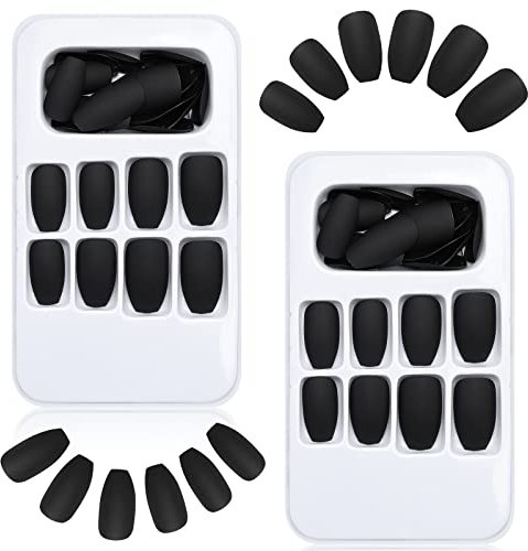 PROUSKY 48 Pieces Matte False Nails, 24 Size Full Cover Coffin Fake Nail, Acrylic Press-On Black Nails for Nail Decoration, Great for Women Girls