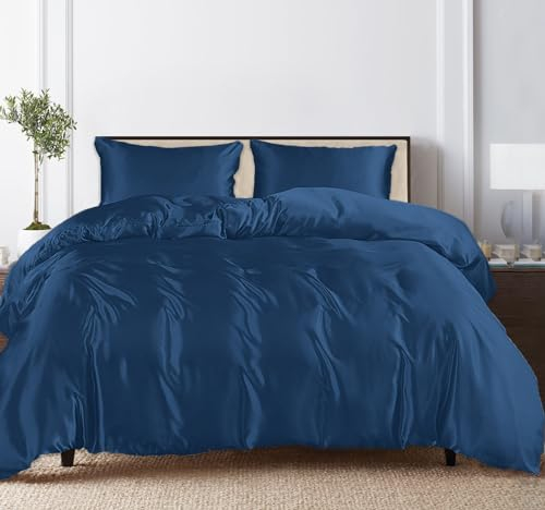 LINENWALAS Bettwäsche-Set aus 100 % Bio-Eukalyptus-Tencel, 3-teilig, mit Reißverschluss und Eckbändern, weichste kühlende Luxus-Bettwäsche, perfekt für Haar und Haut (Doppelbett, Marineblau)