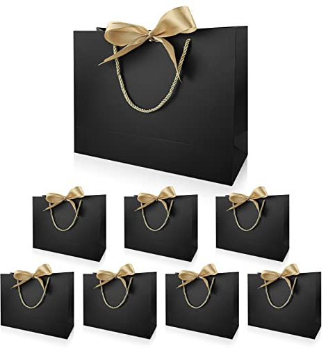 Lot de 8 sacs cadeaux en papier avec nœud doré, sacs de fête portables avec poignées, sacs cadeaux pour anniversaires, mariages, festivals, fêtes prénatales, boutiques, 32 x 24,9 x 9,9 cm, noir
