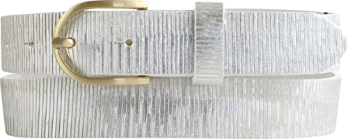 BELTINGER Damengürtel Metall-Optik aus Vollrindleder 3 cm | Damen-Gürtel Metallic-Look 30mm | Leder-Gürtel für Damen mit goldener Gürtelschnalle 3,0 cm | Weiß 80cm