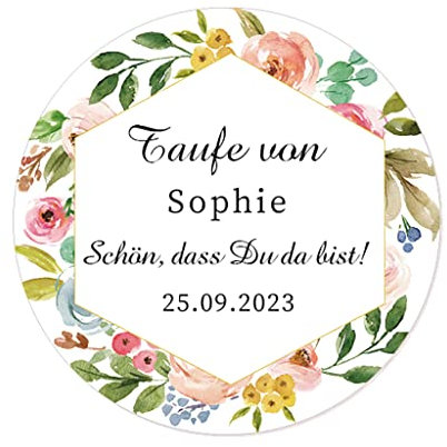 50 PERSONALISIERT 40mm Blume Aufkleber zur Taufe/Geburtstag/Kommunion Sticker Siegel - Schön, dass du da bist! Gastgeschenke Tüten Aufkleber für Hochzeit,Verlobung,Konfirmation - Rd 064 (007)