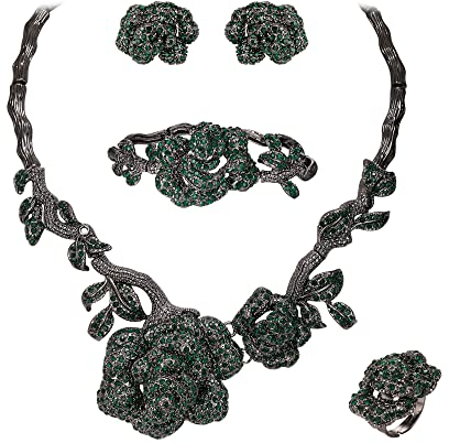 EVER FAITH Rose Schmuckset Österreichisches Kristall Emaille Blume Blatt Halskette Ohrringe Armband Ring-Set für Damen Grün Schwarz-Tone