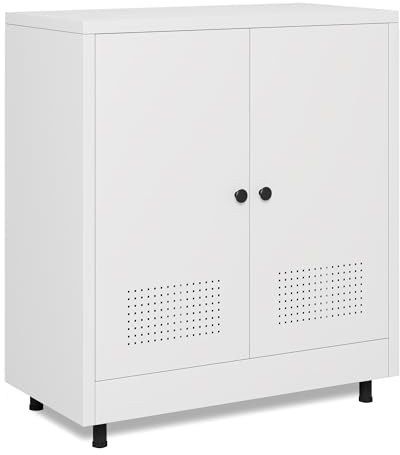 JINKUR Armoire de Rangement en Métal avec Étagère Réglable et 2 Portes, Petite Meuble de Rangement Métallique, Buffet Caisson pour Salon, Maison, Bureau (Blanc)