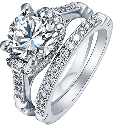 Verlobungsring Vintage, Art Deco Schmuck Damen 2 Ring Set Eleganter Runder Cubic Zirkonia Silber Größe 57 (18.1)