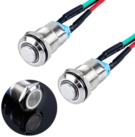 JIQI 2× 12mm 12V bis 24V 2A selbsthaltend wasserdicht Druckschalter Rastend Druckknopf aus Metall Latch EIN/AUS Schalter mit LED Kontrollleuchte IP66 1NO Latching Button Switch (hoher Kopf, Weiß)