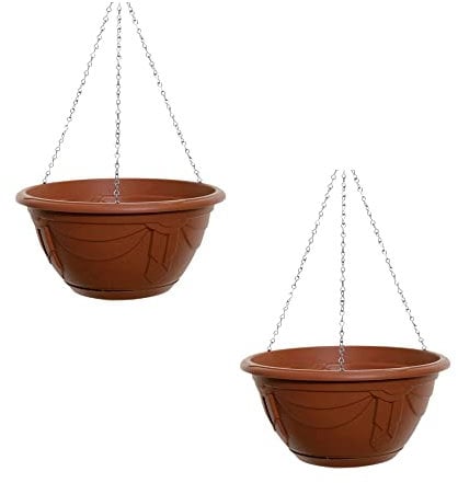 PHG Delicate Flower and Herb Plastic Hanging Basket | Large Garden Basket | Classic Plant Saucer | Wicker Hanging Basket | Easy Fill Hanging | Outdoor Planter | 32 cm (Pack of 2, Terracotta)