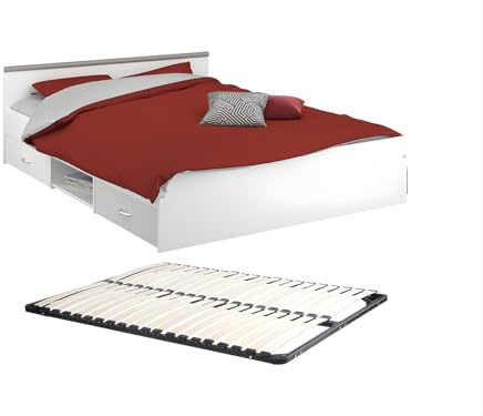 Vente-unique Bett mit 2 Schubladen & 1 Ablage + Lattenrost - 140 x 190 cm - Weiß - Pablo