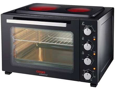 Cooks Professional Mini Portable Oven with Ceramic Hobs | Energy Efficient Electric Countertop Cooker with Hob, Two Hot Plates & Wire Rack Baking Tray | Kitchen Grill Ovens | 48L Capacity