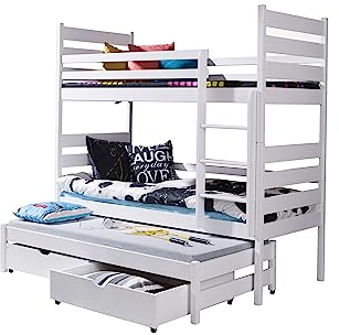 KEF Tobi Etagenbett Kinder 90x180 cm - Etagenbett 3 Personen - Holz Kinderbett - für DREI Kinder - mit Schubladen - Ausziehbares Drittes Bett - ohne Matratze - Weiß