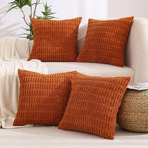 All Smiles Cushion Covers 45x45 cm Decorative Throw pillow covers Rustic Boho Farmhouse Home Corduroy Square Cushion Case 18x18 Set of 4 for Living Room Couch Bed Sofa, Rust Terracotta Orange