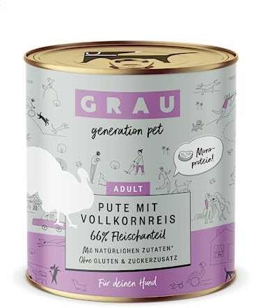 GRAU – das Original – Nassfutter für Hunde - Pute mit Vollkornreis, 6er Pack (6 x 800 g), Monoprotein, glutenfrei, für Erwachsene Hunde