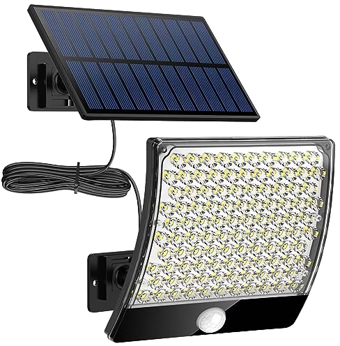 PQP Solarlampen für Außen, 105 LED Solarleuchte Aussen mit Bewegungsmelder, IP65 Wasserdichte, 125°Beleuchtungswinkel, Solar Wandleuchte für Garten mit 5m Kabel