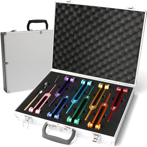 RATSTONE Stimmgabel,Stimmgabel Neurologie, 8er Set mit Sockel + 1 Silikonhämmer und Reinigungstücher, Ideale Stimmgabeln für Heilung, Chakrenheilung, Klangheilung, Anti-Kompression.