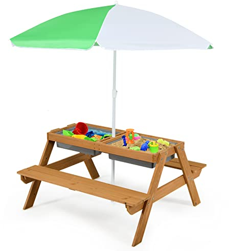 DREAMADE Kindersitzgarnitur mit Sonnenschirm, 3-in-1 Kindersitzgruppe aus Holz, Kinderpicknictisch mit 2 Boxen & abnehmbare Tischplatte für Garten, für Kinder ab 3 Jahren (Weiß + Grün)