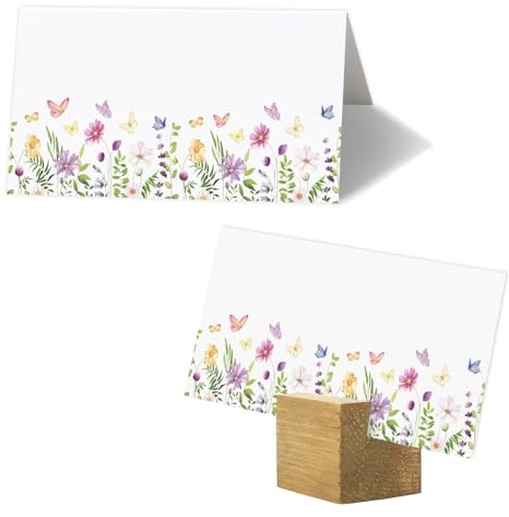 Whaline Platzkarten mit Blumenmuster, 8,9 x 5,1 cm, Wildblumen-Schmetterlings-Zeltkarten, Sitzkarten, blanko, Tischnamensschilder für Hochzeit, Urlaub, Buffet, Party, Tischdekoration, 100 Stück