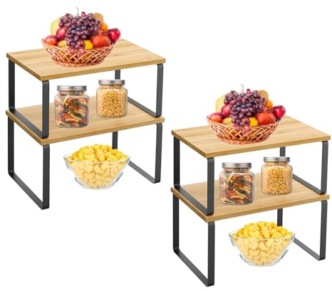 4er-Set Bambus Küchenregal,Praktisch stapelbar und erweiterbar, vielseitiger Aufbewahrungsturm für Küche, Bad & Wohnzimmer, ideal kombinierbar mit Küchenschrank, Arbeitsplatte und Schränken-Schwarz