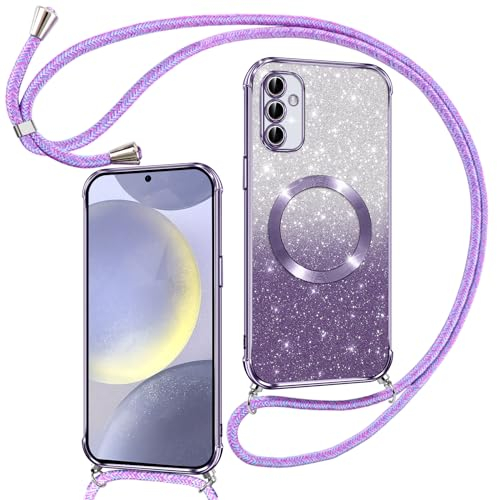 Phoona Funda Glitter Magnética para Samsung Galaxy S24 Plus 5G con Cuerda Compatible con MagSafe, Glitter Brillante Carcasa,Resistente a Los Arañazos Suave Cover para Samsung S24 Plus, Púrpura