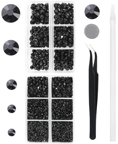 YHMQ DU 6616 Stück schwarze Hotfix-Strasssteine aus Kristallglas für Stoff, Kleidung, Hemden, Trinkgläser, Bling, flache Rückseite, rund, mit Pinzette und Picking-Stift (SS6~SS30-Set)