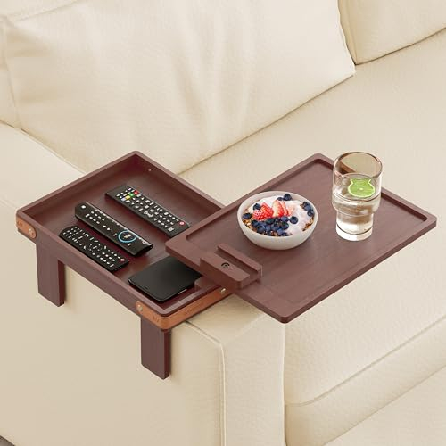 Wealone Rosébraun Sofatablett Armlehne, Sofalehne Ablage mit Aufbewahrungsbox, 360° Drehbarem Tischplatte und Handyhalter, Verstellbarer Clip On Sofa Tablett für Breites Couch, Couch Ablage für Essen