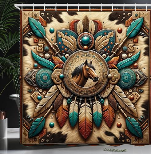 ABAKUHAUS Rustique Rideau de Douche, Cheval Far West Flèches Et Plumes Concept Sud-Ouest Couleurs, Material Resistente al Agua Durable Estampa Digital, 175 cm x 200 cm, Teal Taupe Foncé Cannelle