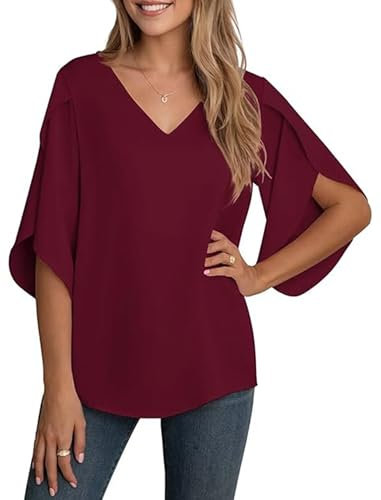 YGJIEGENG Women's 3/4 Ruffled Sleeve Tops Plain V Neck T Shirts Loose Casual Blouse Dressy Tunic Shirt,Wind Red,2XL