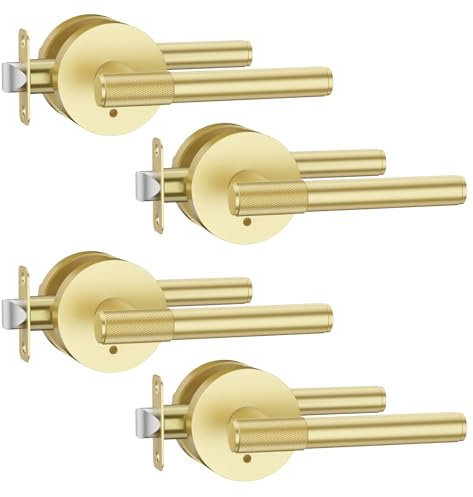 Asidrama Confezione da 4 maniglie per porte con serratura, color oro spazzolato, maniglie per porte interne per camera da letto o bagno, resistenti leve dorate, reversibile, senza chiave, maniglia per