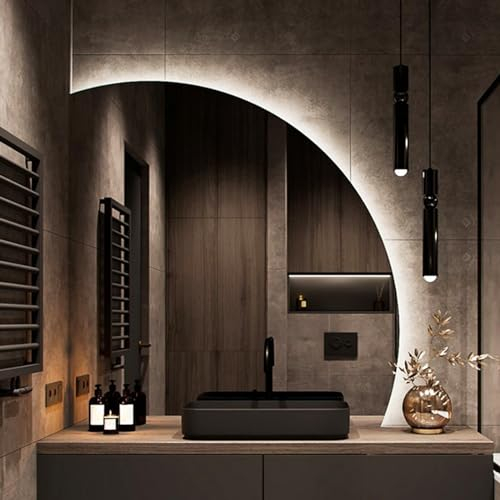 3 Farben Wechselnde LED Beleuchtete Spiegel,Mode Halbrunde Badezimmer Spiegel,50CM|60CM|70CM|80CM Wandspiegel,Kosmetikspiegel Mit Touch Switch, Für Badezimmer, Schlafzi(Size:80cm,Color:Linker Schnitt)