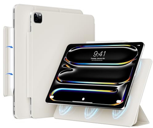 JKSML New Magnetic Case for iPad Pro 11-Inch M4 2024, Slim Trifold Stand Case Supports Pencil Pro and Pencil (USB-C), Auto Wake/Sleep, Non-slip and Scratch-resistant PU Leather (White Cream)