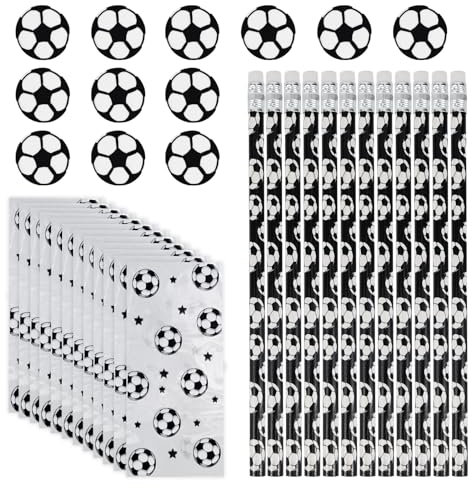 12Stks Fußball Bleistifte Party Geschenk, 12Stks Mini Fußball Radiergummi, HB Fussball Mitgebsel Bleistifte, Holz Bleistift mit Fußballmotiv 12 Geschenktüten, Fußball Radierer Geschenk für Schüler