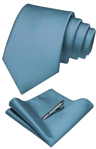 RBOCOTT Dusty Blue Silk Tie and Pocket Square, Necktie Tie Clip Set for Men (84)