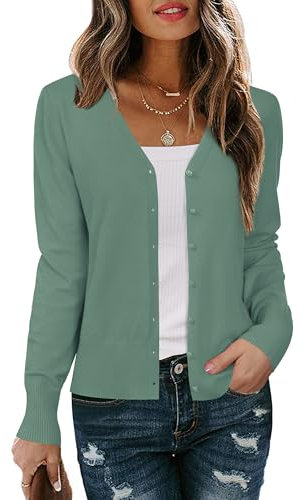 Arach&Cloz Women's Cardigans Long Sleeve Lightweight Ladies Knit Tops Button Down V Neck Shrugs Green,L