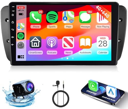 4G+64G Hodozzy Radio de Coche para Seat Ibiza MK4 6J 2009-2013 con Carplay Inalámbrico Android Auto Mirror Link,Pantalla Táctil de 9 Pulgadas con GPS Bluetooth WiFi 32EQ/DSP Radio FM/RDS, Cámara