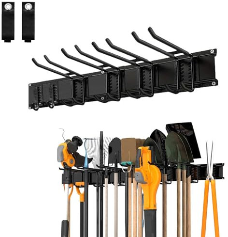 YedZen Wandhalterung Gerätehalter mit 6 Metallhaken, Metall Garagen Wandhaken Werkzeugregal 544 kg Belastbar mit 2 Rail Panel, Werkzeughalter Organizer für Besen Keller Gartengeräte Rechen Werkstatt
