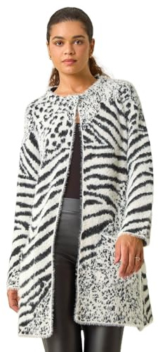 Roman Originals Abstract Animal Print Fluffy Cardigan for Women UK - Ladies Everyday Autumn Winter Round Neckline Comfy Soft Evening Vacation Work Party Night Out